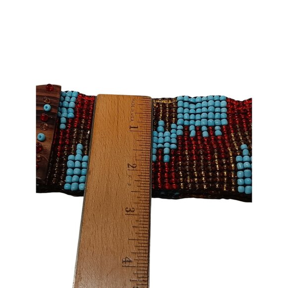 Wide Belt Stretch Blue Red Brown Beaded Boho Tribal Stretchy Wooden Buckle 28\